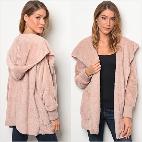 Fuzzy Blush Plush Fur Fleece Jacket Pockets O/S - Picture 3 of 6